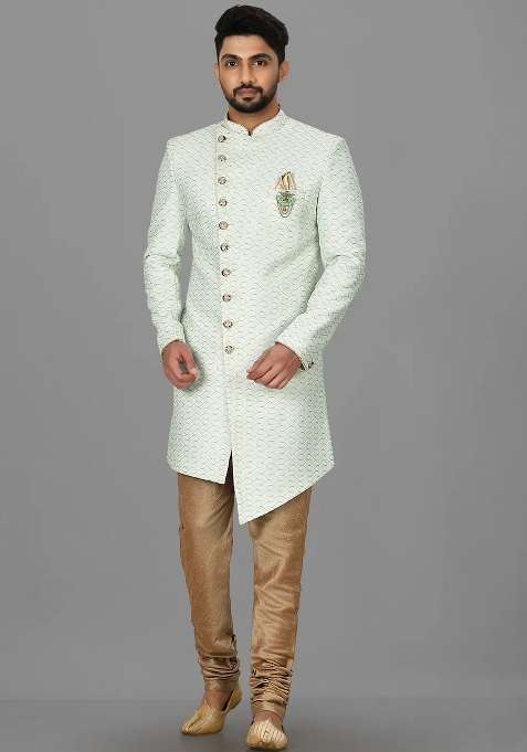 Sea Green Embroidered Jacquard Indo Western Sherwani Set For Men
