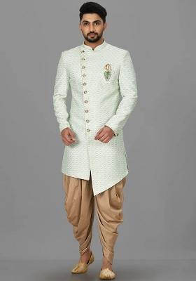 Sea Green Embroidered Jacquard Indo Western Sherwani Set For Men