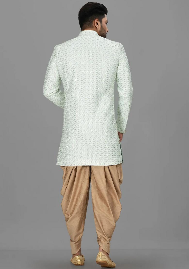 Sea Green Embroidered Jacquard Indo Western Sherwani Set For Men