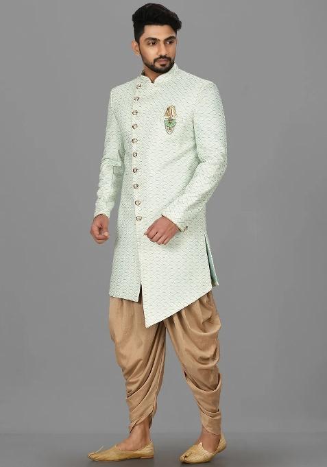 Sea Green Embroidered Jacquard Indo Western Sherwani Set For Men