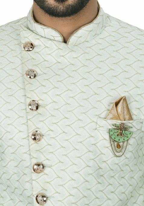 Sea Green Embroidered Jacquard Indo Western Sherwani Set For Men