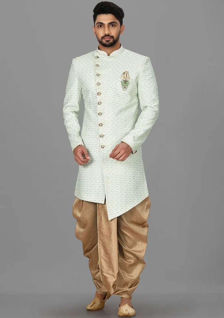 Sea Green Embroidered Jacquard Indo Western Sherwani Set For Men - Indya