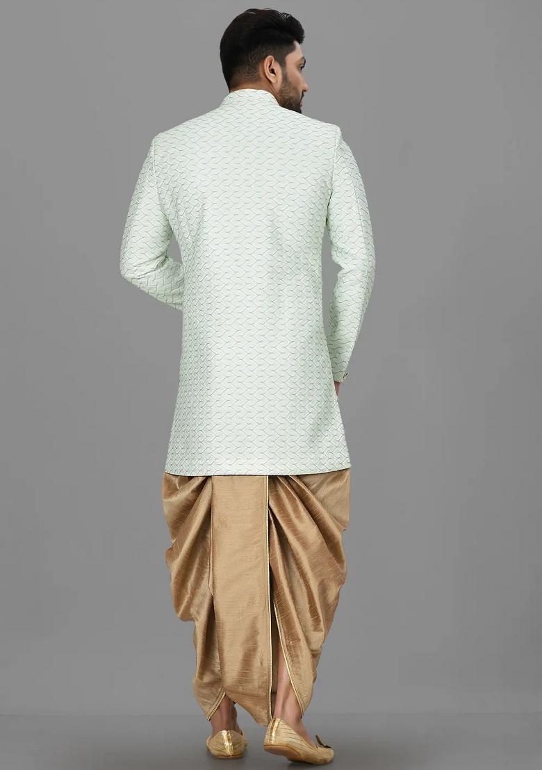 Sea Green Embroidered Jacquard Indo Western Sherwani Set For Men