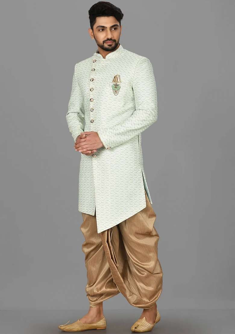 Sea Green Embroidered Jacquard Indo Western Sherwani Set For Men - Indya