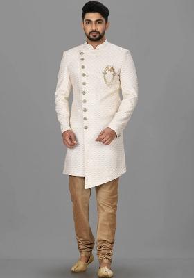 Cream Embroidered Jacquard Indo Western Sherwani For Men