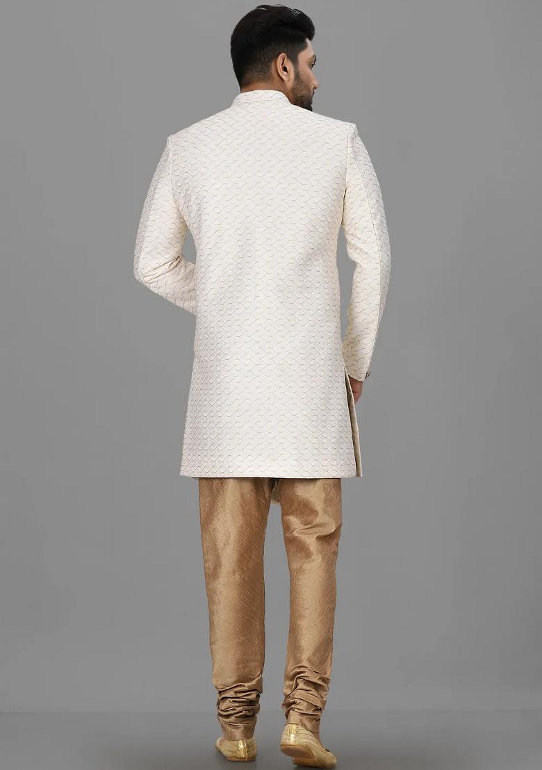 Cream Embroidered Jacquard Indo Western Sherwani For Men