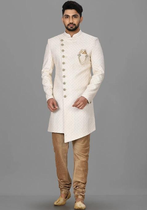 Cream Embroidered Jacquard Indo Western Sherwani For Men