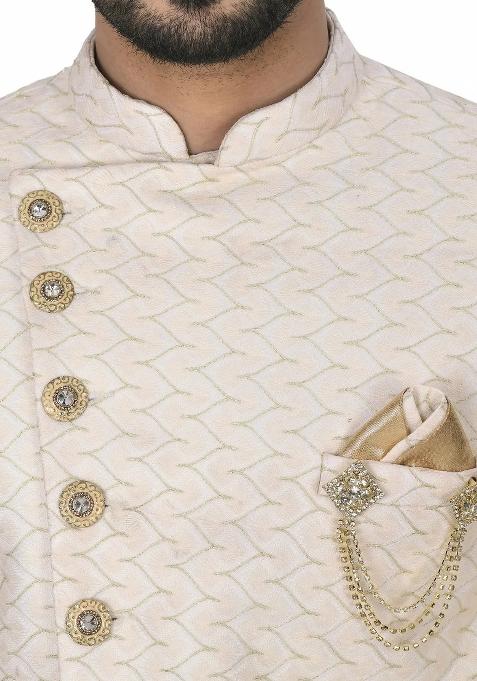 Cream Embroidered Jacquard Indo Western Sherwani For Men