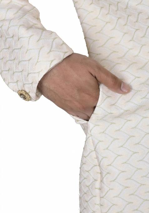Cream Embroidered Jacquard Indo Western Sherwani For Men