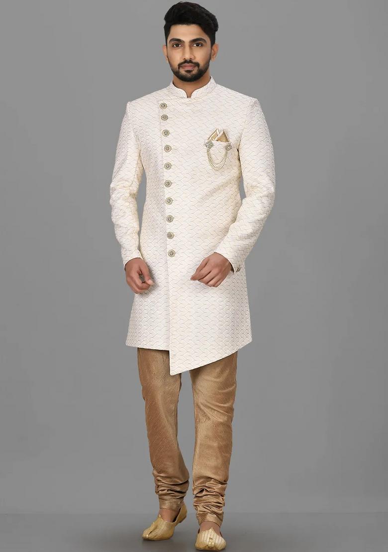 Cream Embroidered Jacquard Indo Western Sherwani Set For Men