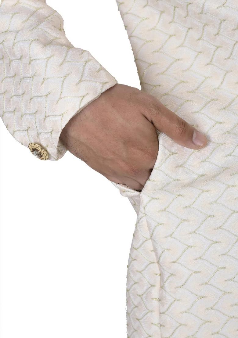 Cream Embroidered Jacquard Indo Western Sherwani Set For Men
