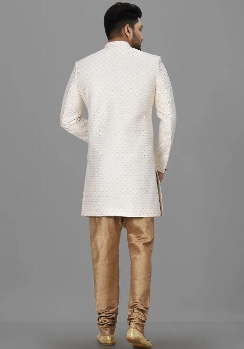 Cream Embroidered Jacquard Indo Western Sherwani Set For Men