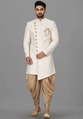 Cream Embroidered Jacquard Indo Western Sherwani Set For Men