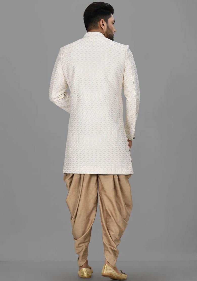 Cream Embroidered Jacquard Indo Western Sherwani Set For Men