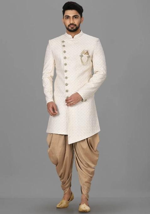 Cream Embroidered Jacquard Indo Western Sherwani Set For Men
