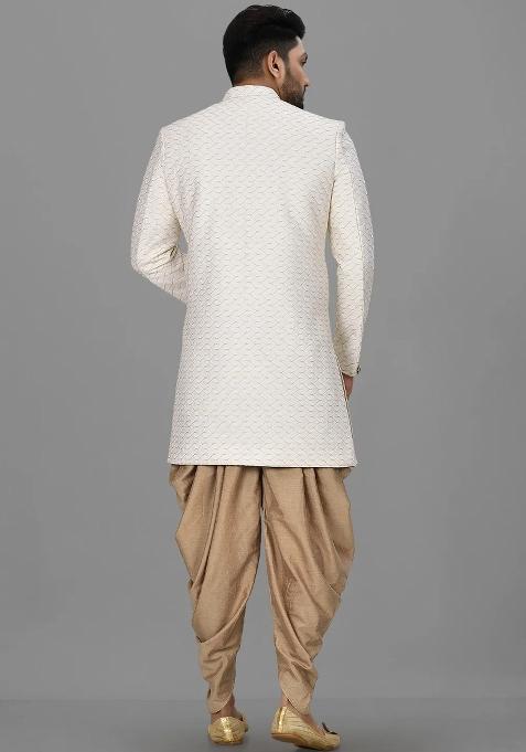 Cream Embroidered Jacquard Indo Western Sherwani Set For Men