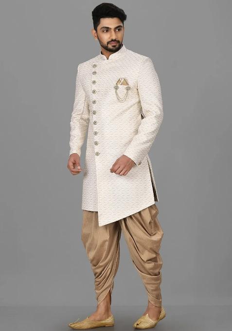 Cream Embroidered Jacquard Indo Western Sherwani Set For Men