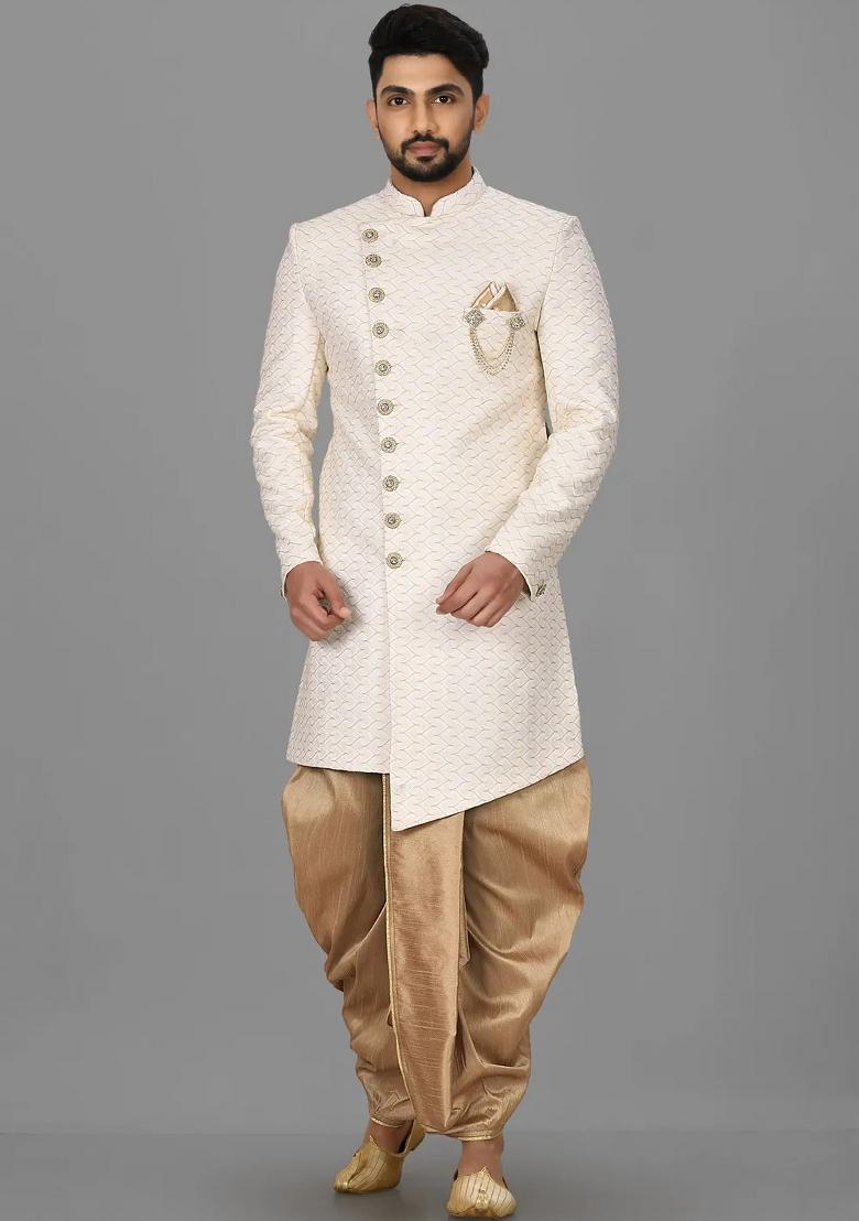 Cream Embroidered Jacquard Indo Western Sherwani Set For Men
