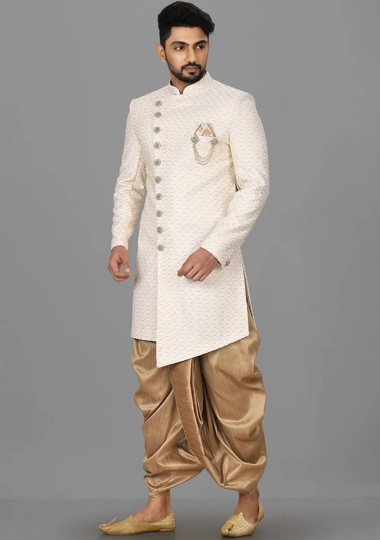Cream Embroidered Jacquard Indo Western Sherwani Set For Men
