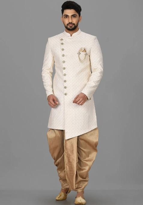 Cream Embroidered Jacquard Indo Western Sherwani Set For Men