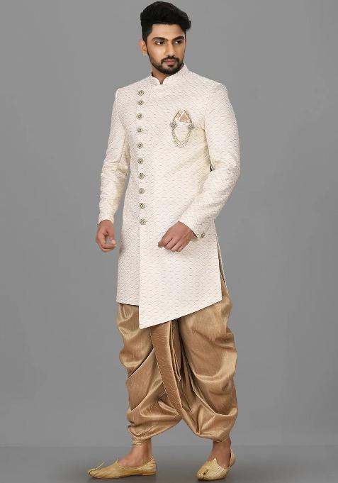 Cream Embroidered Jacquard Indo Western Sherwani Set For Men