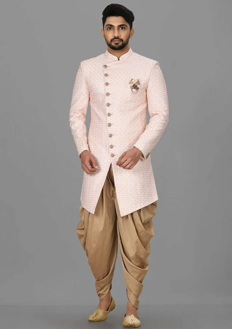 Light Pink Embroidered Jacquard Indo Western Sherwani Set For Men - Indya