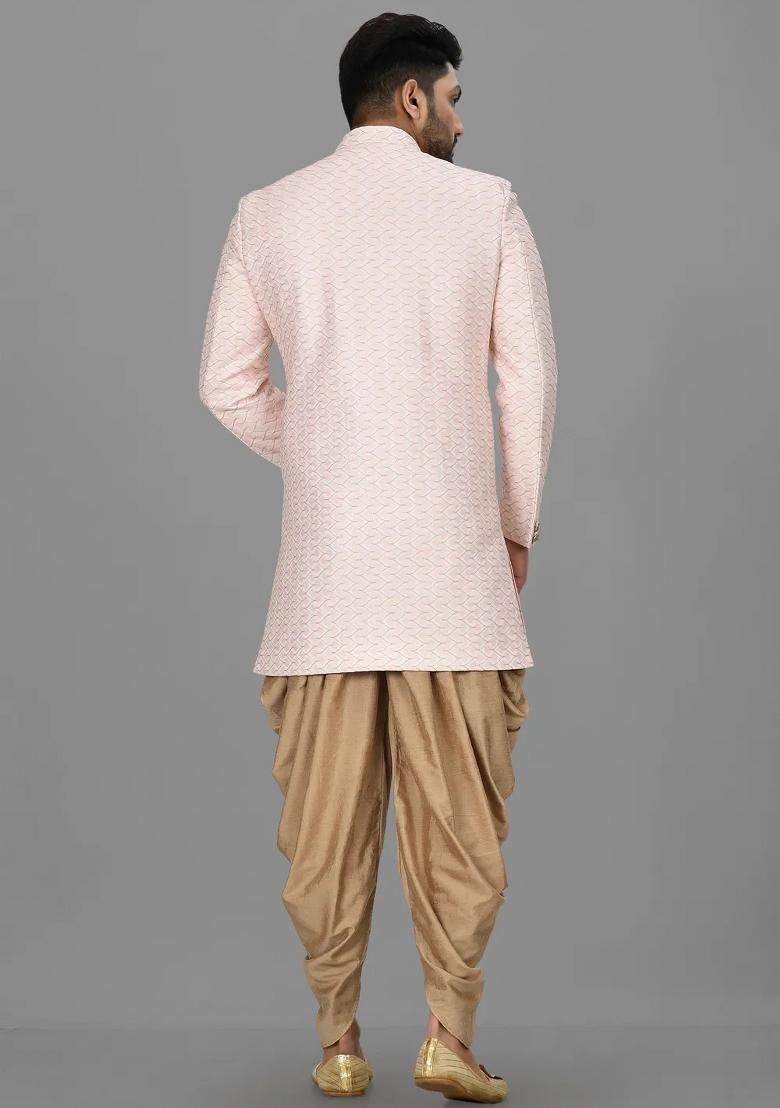 Light Pink Embroidered Jacquard Indo Western Sherwani Set For Men