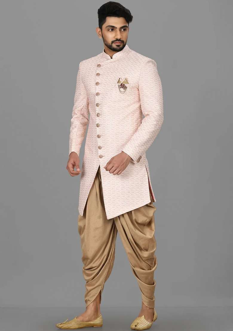 Light Pink Embroidered Jacquard Indo Western Sherwani Set For Men - Indya