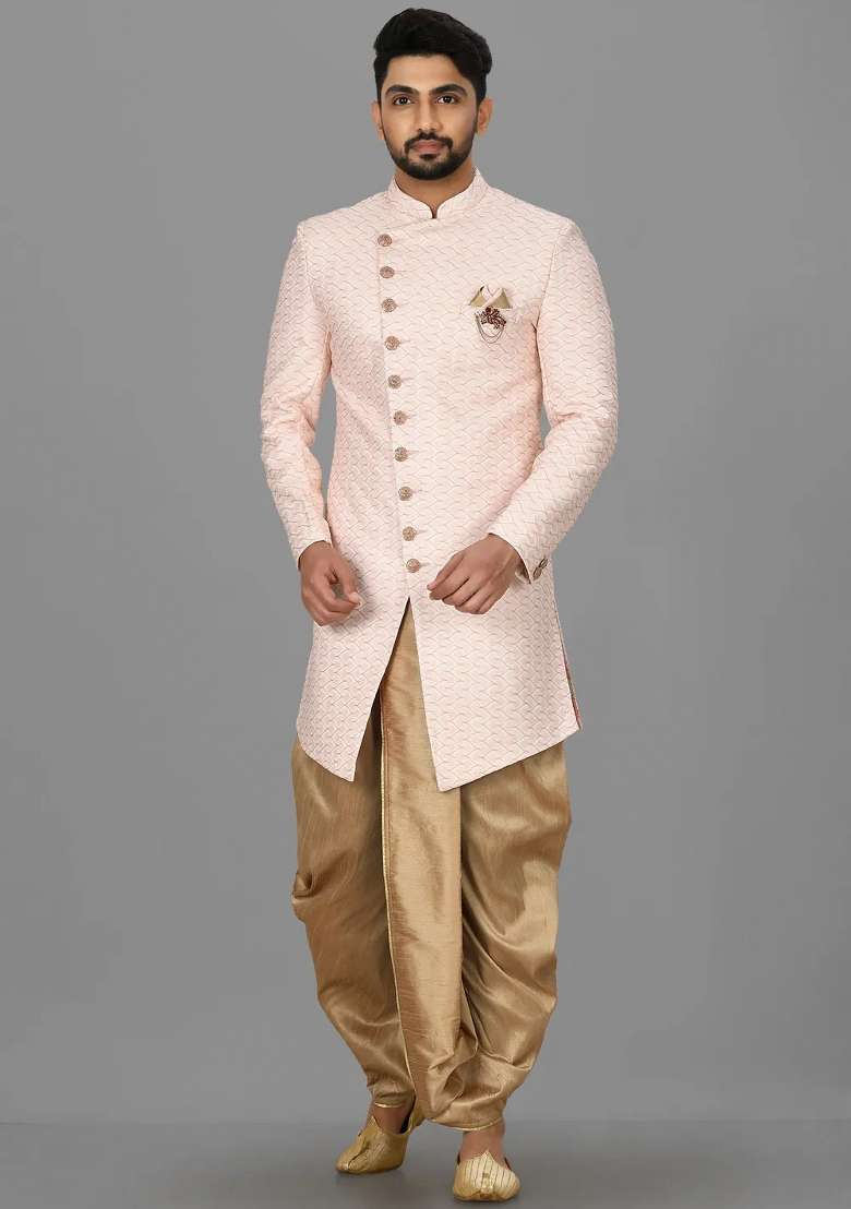 Light Pink Embroidered Jacquard Indo Western Sherwani Set For Men - Indya