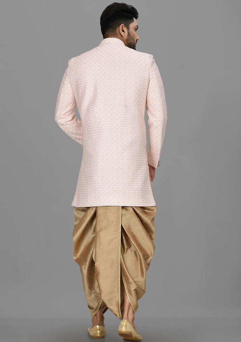 Light Pink Embroidered Jacquard Indo Western Sherwani Set For Men