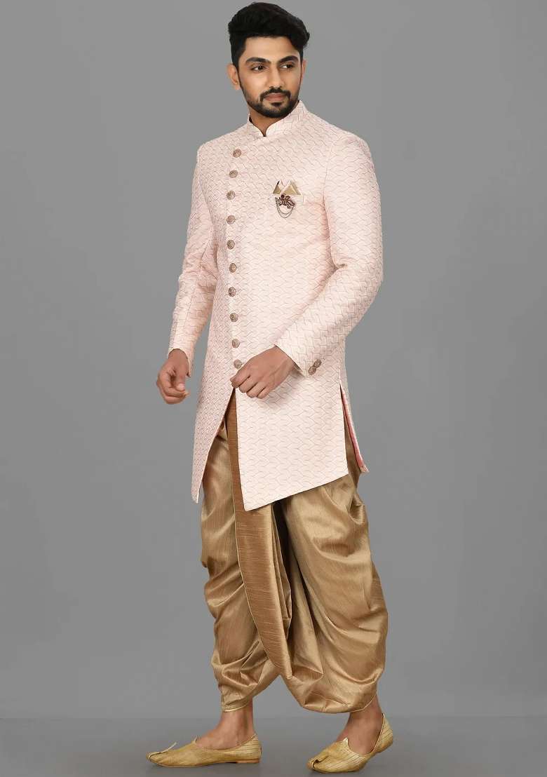 Light Pink Embroidered Jacquard Indo Western Sherwani Set For Men - Indya