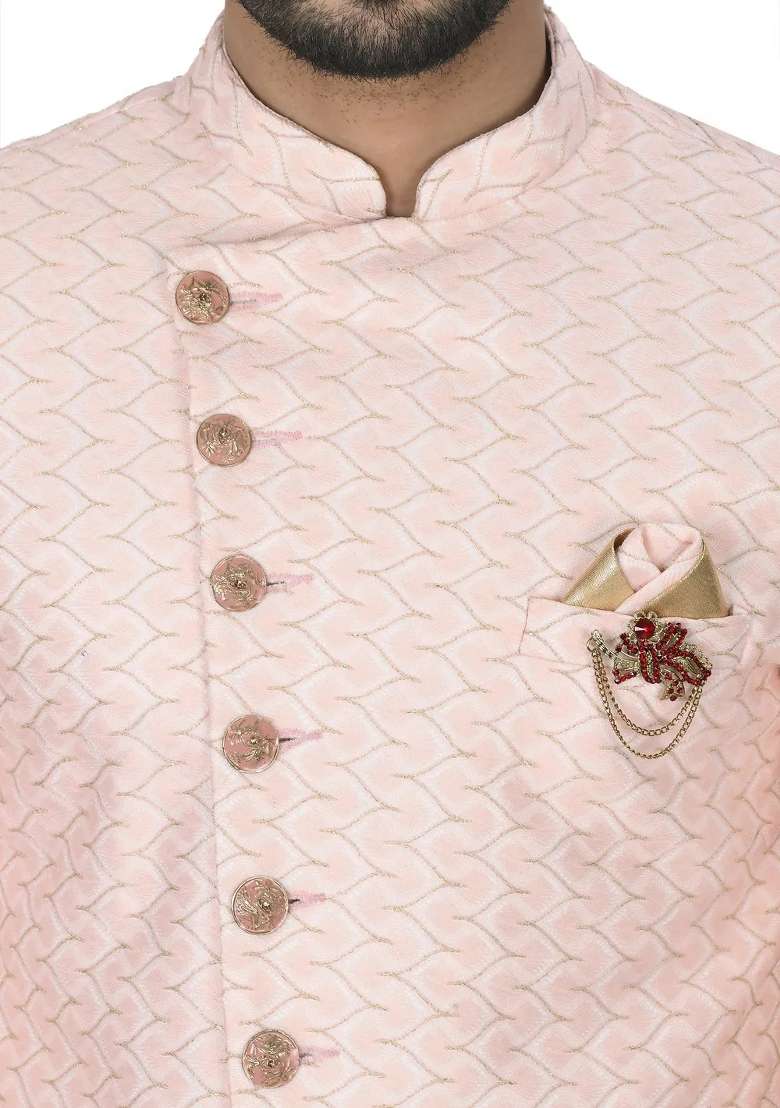 Light Pink Embroidered Jacquard Indo Western Sherwani Set For Men - Indya
