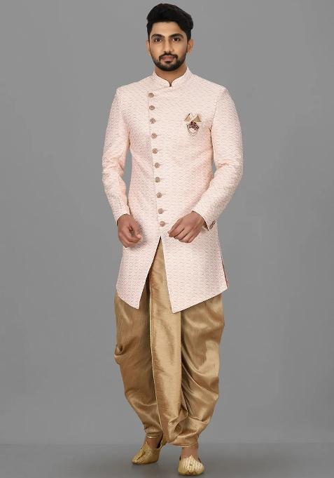 Light Pink Embroidered Jacquard Indo Western Sherwani Set For Men — view on Indya