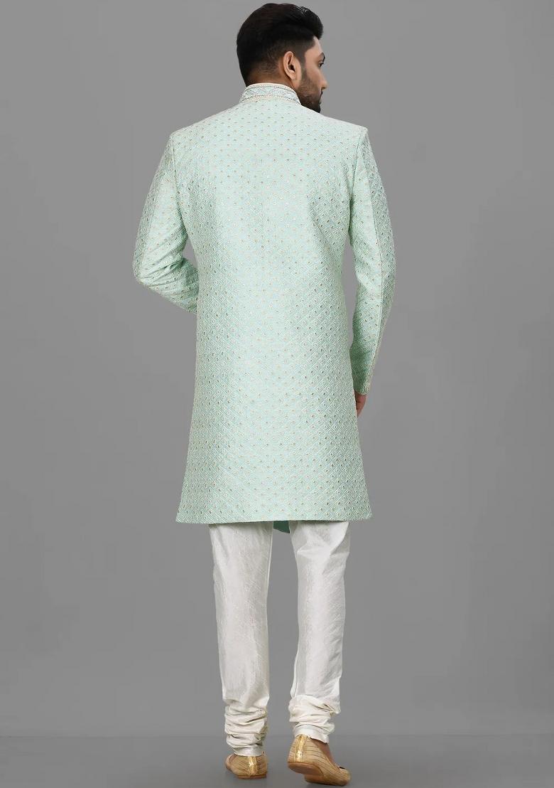 Teal Blue Embroidered Dupion Art Silk Indo Western Sherwani For Men