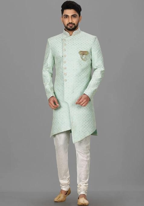 Teal Blue Embroidered Dupion Art Silk Indo Western Sherwani For Men — view on Indya