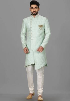 Teal Blue Embroidered Dupion Art Silk Indo Western Sherwani Set For Men
