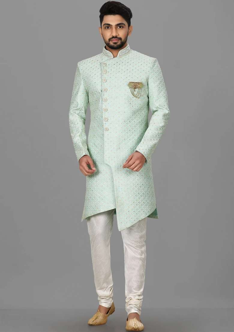 Teal Blue Embroidered Dupion Art Silk Indo Western Sherwani Set For Men - Indya