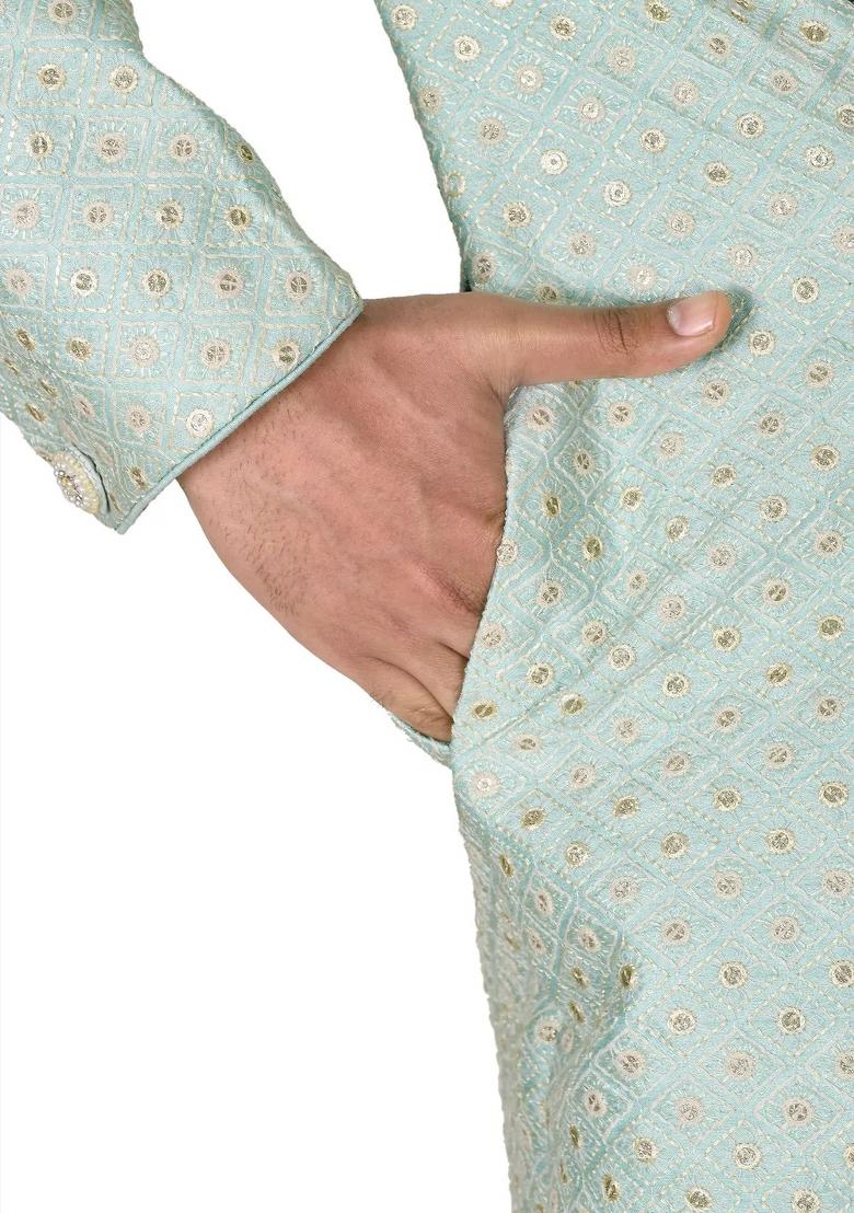 Teal Blue Embroidered Dupion Art Silk Indo Western Sherwani Set For Men