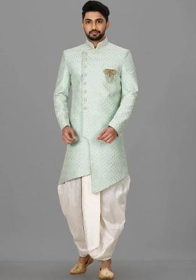 Teal Blue Embroidered Dupion Art Silk Indo Western Sherwani Set For Men
