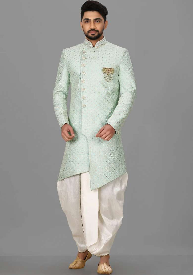 Teal Blue Embroidered Dupion Art Silk Indo Western Sherwani Set For Men - Indya