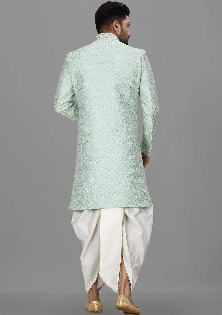 Teal Blue Embroidered Dupion Art Silk Indo Western Sherwani Set For Men