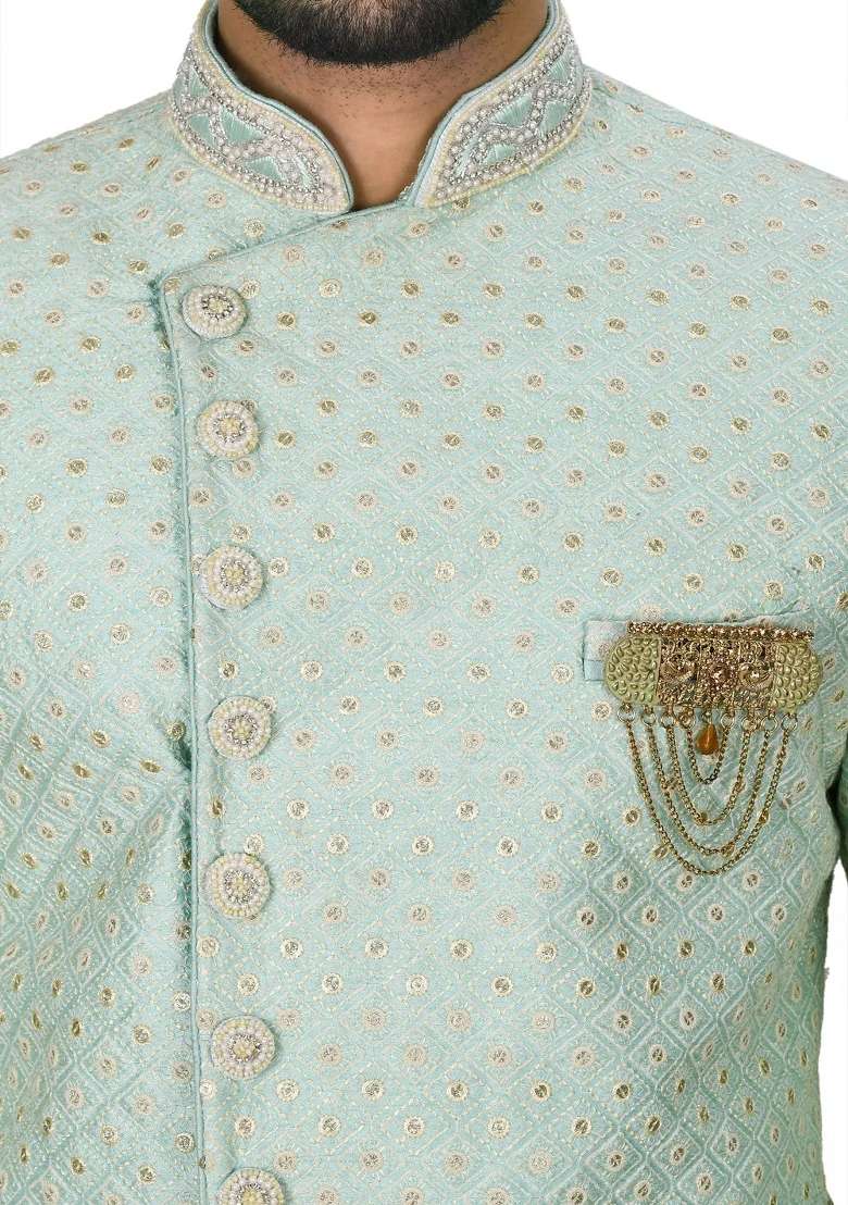 Teal Blue Embroidered Dupion Art Silk Indo Western Sherwani Set For Men - Indya