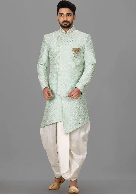 Teal Blue Embroidered Dupion Art Silk Indo Western Sherwani Set For Men