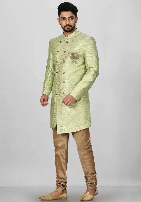 Gold And Green Embroidered Jacquard Indo Western Sherwani For Men