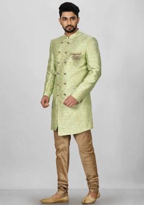 Gold And Green Embroidered Jacquard Indo Western Sherwani Set For Men