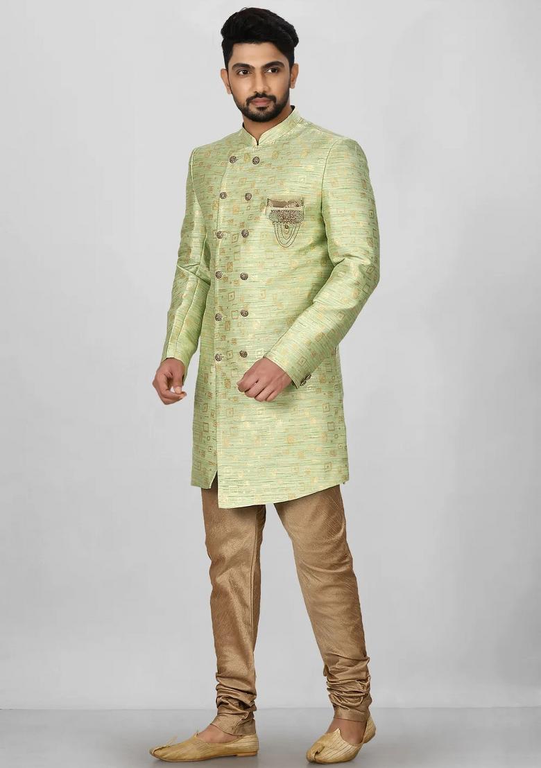 Gold And Green Embroidered Jacquard Indo Western Sherwani Set For Men