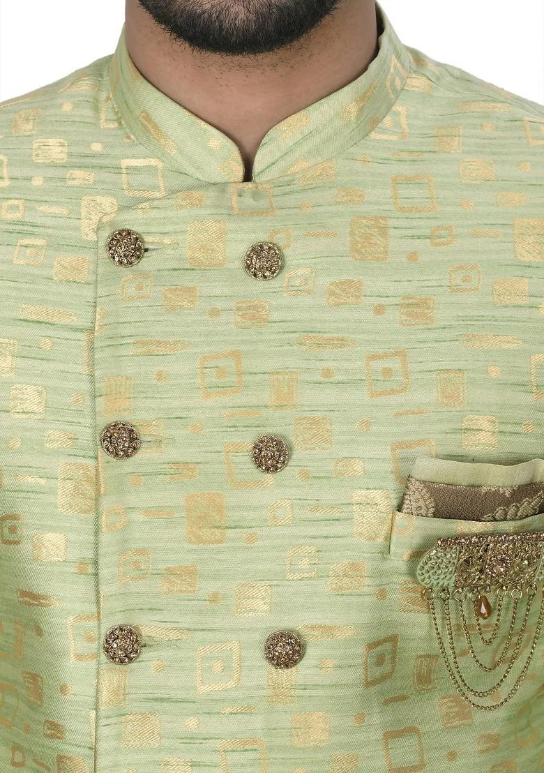 Gold And Green Embroidered Jacquard Indo Western Sherwani Set For Men