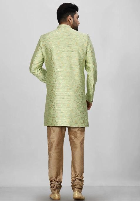 Gold And Green Embroidered Jacquard Indo Western Sherwani Set For Men