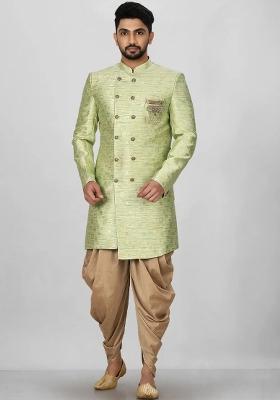 Gold And Green Embroidered Jacquard Indo Western Sherwani Set For Men