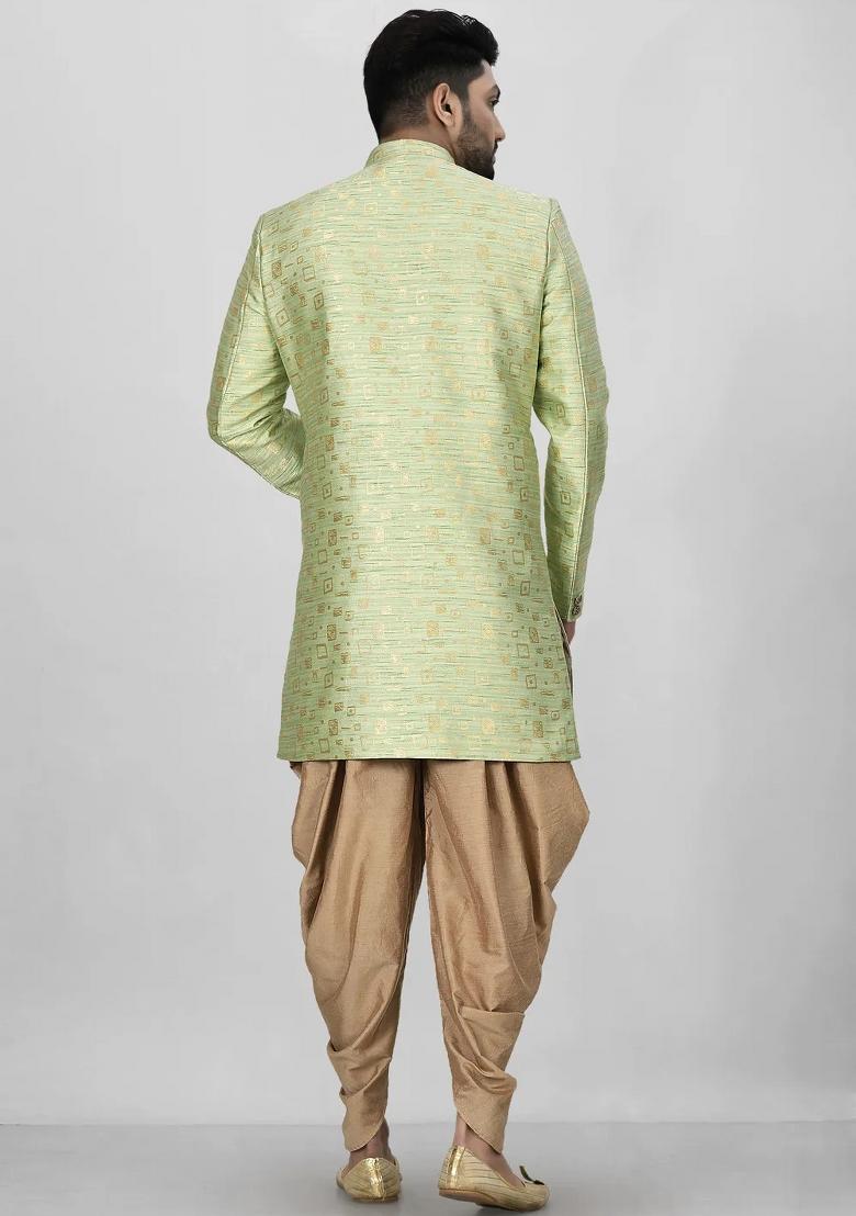 Gold And Green Embroidered Jacquard Indo Western Sherwani Set For Men